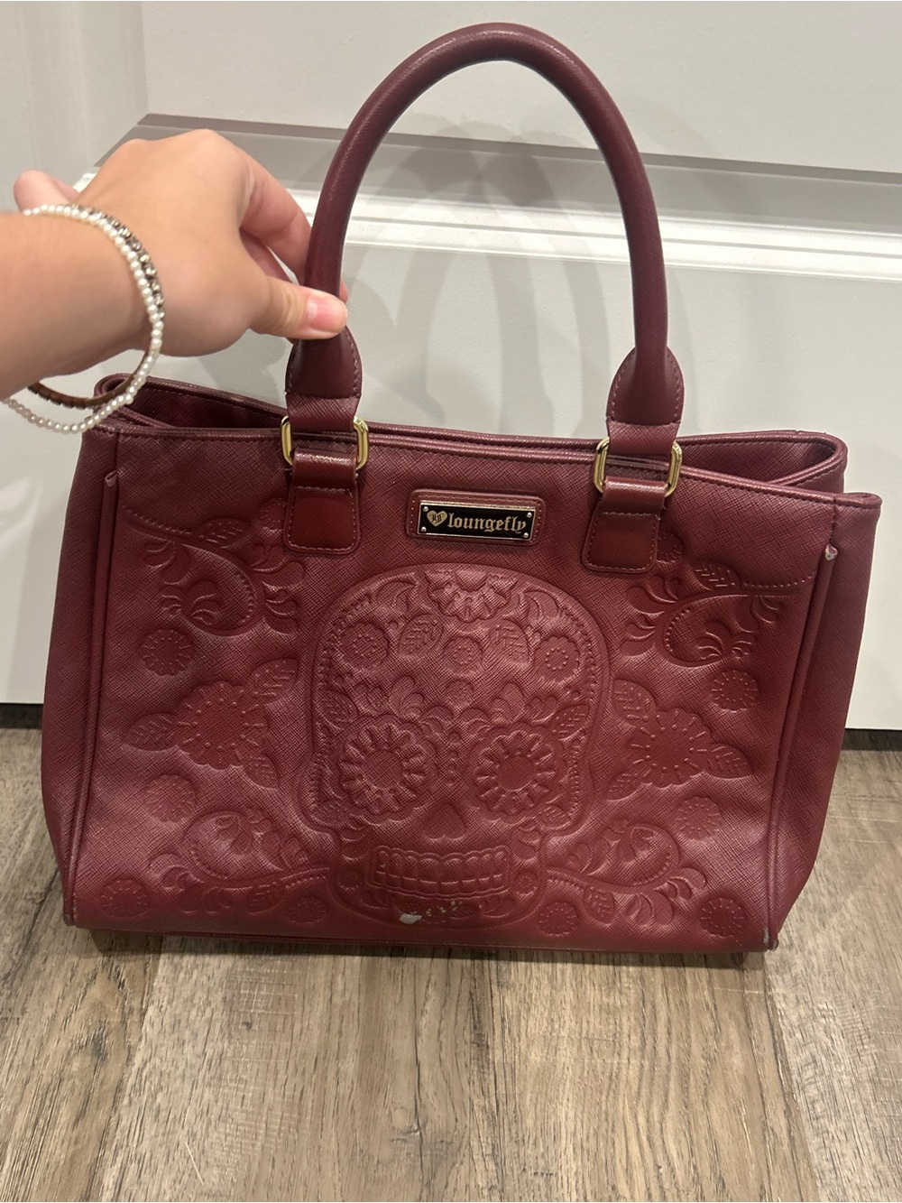 Loungefly Maroon Embossed Sugar Skull Tote
